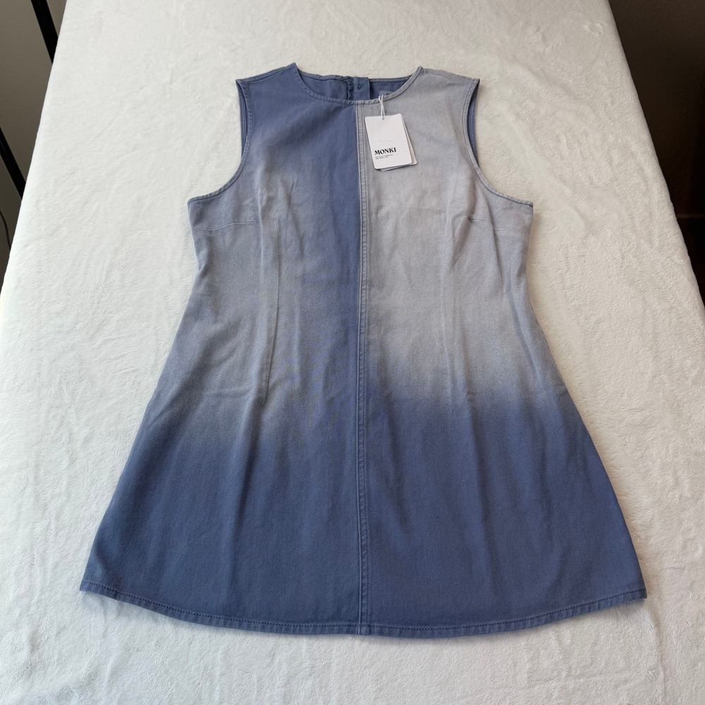 Monki Denim Mini Dress Womens XL Blue Light Grey NEW Ombre Dip Dye Sleeveless